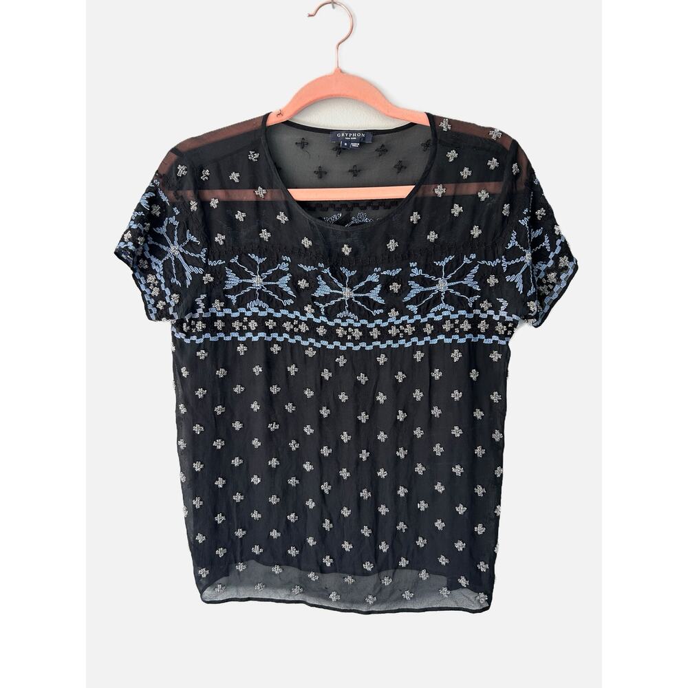 Gryphon New York Black and Blue 100% Silk Beaded Short Sleeve Top Small